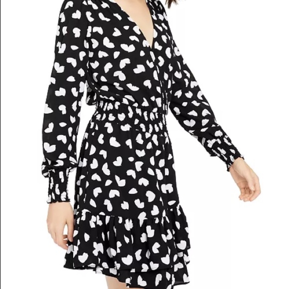 Michael Kors Black and White Heart Print V-Neck Long Sleeve Dress